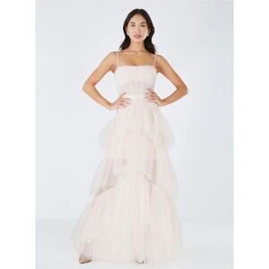 Bcbgmaxazria Ivory Tulle Spagetti strap Maxi Dress Size 16